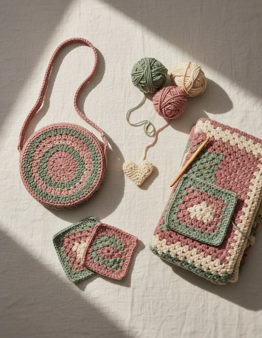 Sac au crochet fait main, granny squares, un petit cœur au crochet et pelotes de laine aux tons rose et sauge